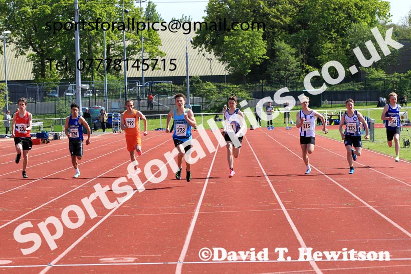 Boys Under-15s 100 metres, 2023 North Eastern Track and Field Champs., Middlesbrough Sports Village, Middlesbrough. Photo: David T. Hewitson/Sports for All Pics